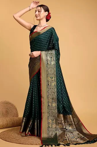 green silk blend printed saree with blouse
