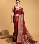 maroon silk blend printed saree with blouse