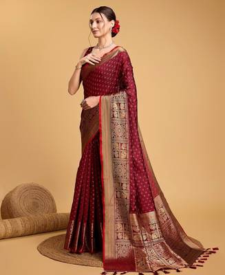 maroon silk blend printed saree with blouse 2
