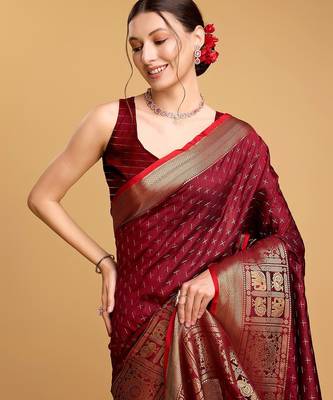 maroon silk blend printed saree with blouse 4