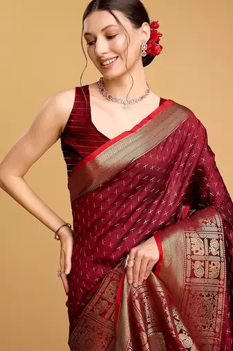 maroon silk blend printed saree with blouse