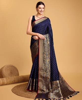 navy blue silk blend printed saree with blouse 1