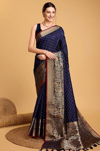 navy blue silk blend printed saree with blouse