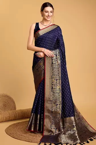 navy blue silk blend printed saree with blouse