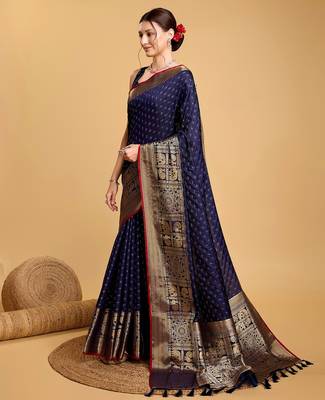 navy blue silk blend printed saree with blouse 2