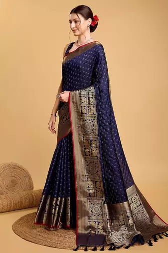 navy blue silk blend printed saree with blouse