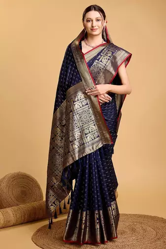 navy blue silk blend printed saree with blouse