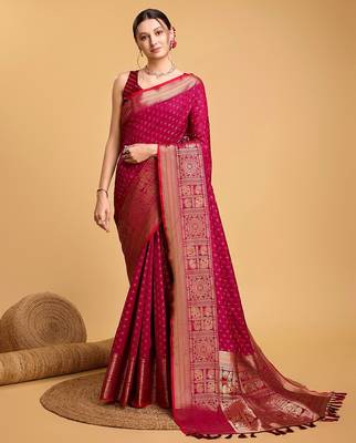 pink silk blend printed saree with blouse 1