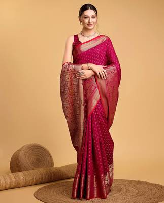 pink silk blend printed saree with blouse 3