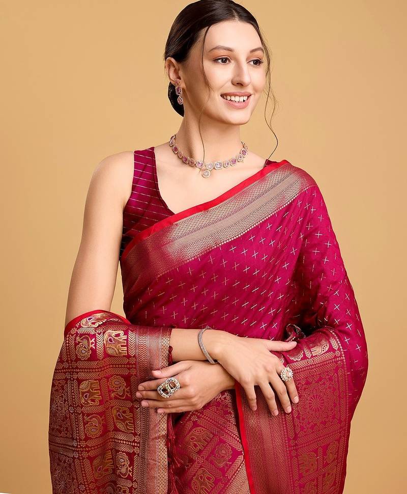 pink silk blend printed saree with blouse