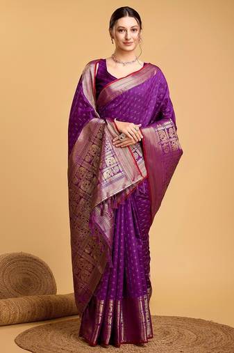 purple silk blend printed saree with blouse