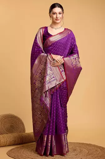 purple silk blend printed saree with blouse