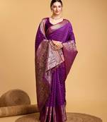 purple silk blend printed saree with blouse