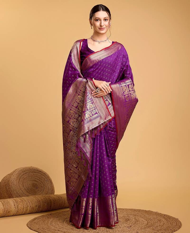 purple silk blend printed saree with blouse