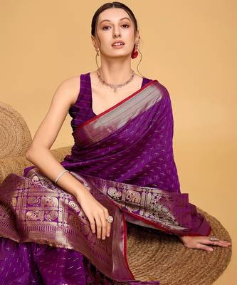 purple silk blend printed saree with blouse 2