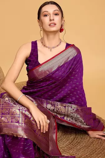 purple silk blend printed saree with blouse