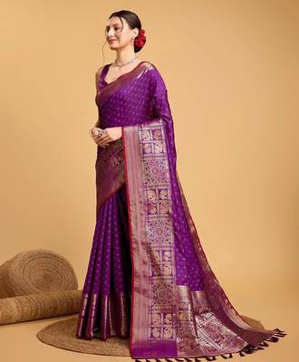 purple silk blend printed saree with blouse 5