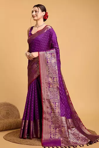 purple silk blend printed saree with blouse