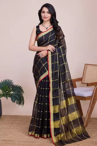 black chanderi printed saree with blouse