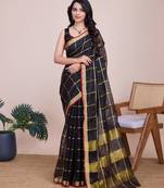 black chanderi printed saree with blouse