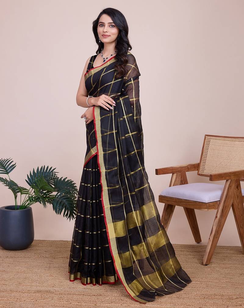 black chanderi printed saree with blouse