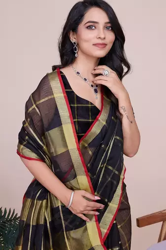 black chanderi printed saree with blouse