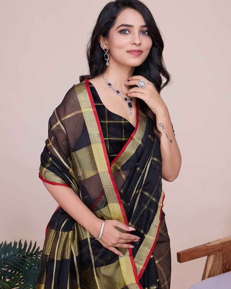 black chanderi printed saree with blouse