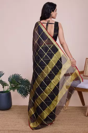 black chanderi printed saree with blouse