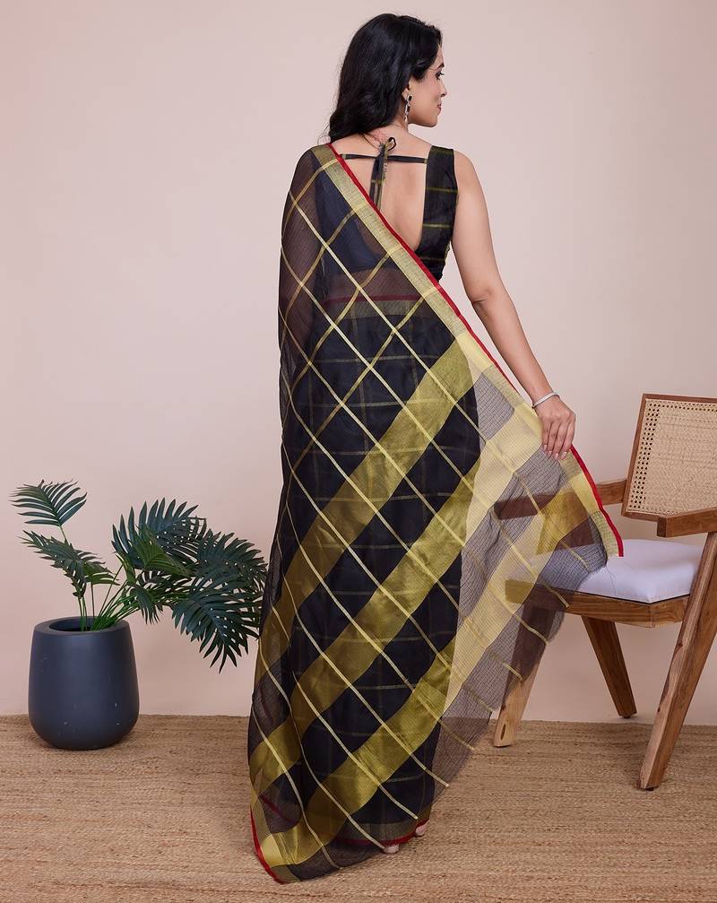 black chanderi printed saree with blouse