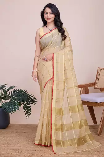 cream chanderi printed saree with blouse