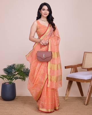peach chanderi printed saree with blouse 1