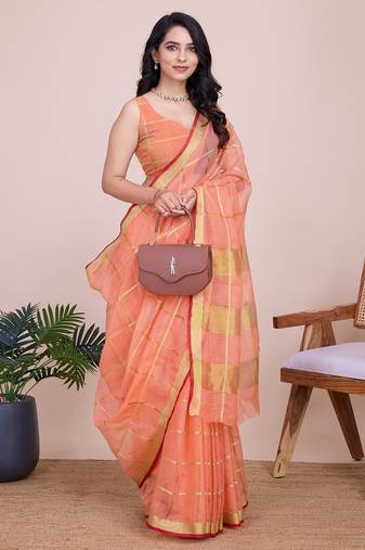 peach chanderi printed saree with blouse