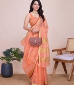 peach chanderi printed saree with blouse