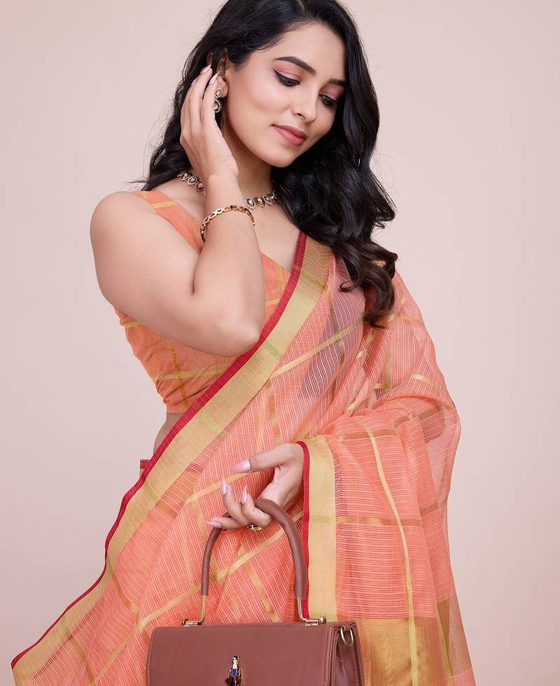 peach chanderi printed saree with blouse