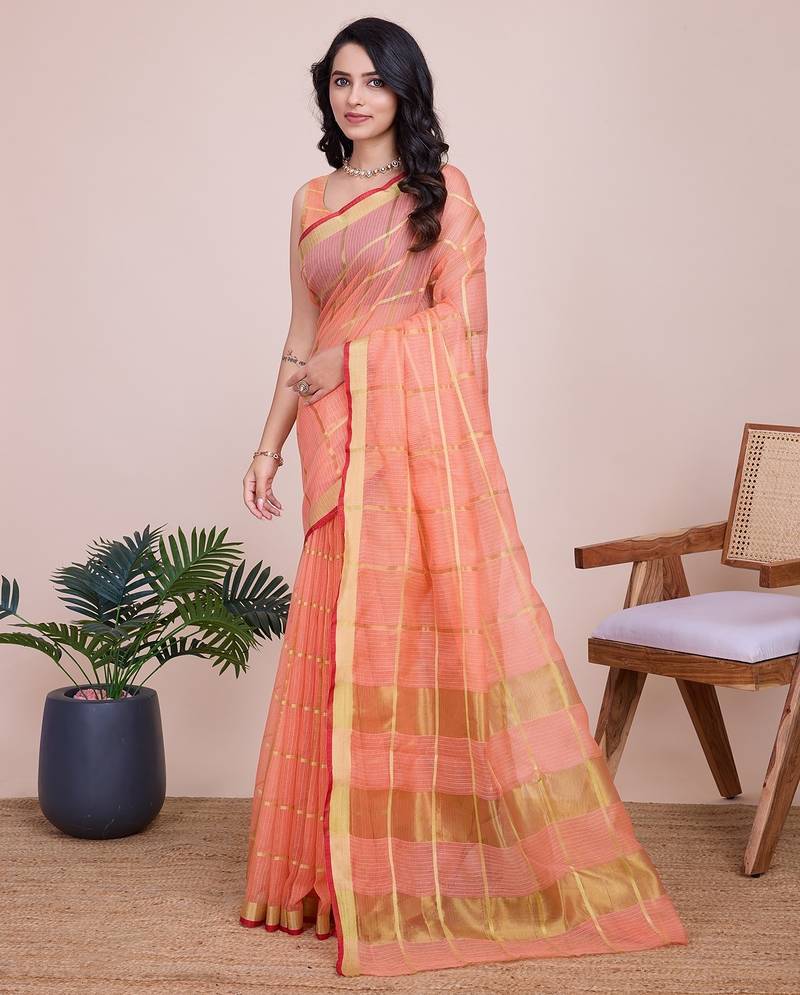 peach chanderi printed saree with blouse