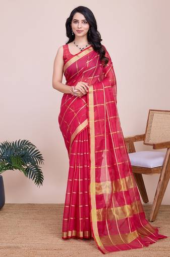 rani pink chanderi printed saree with blouse
