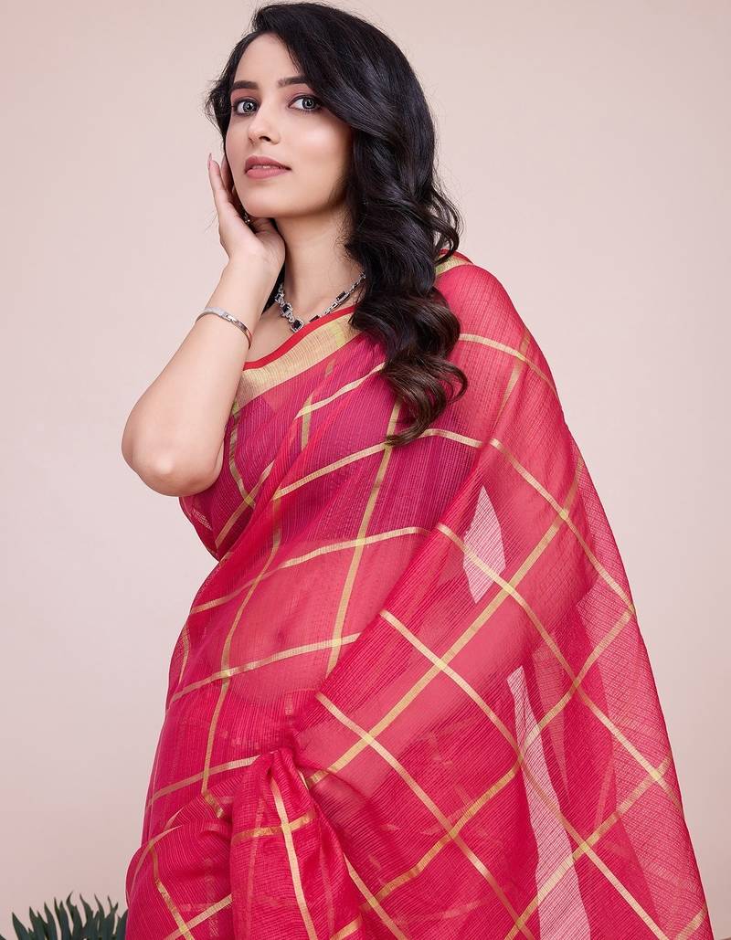 rani pink chanderi printed saree with blouse