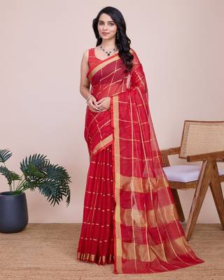 red chanderi printed saree with blouse 1