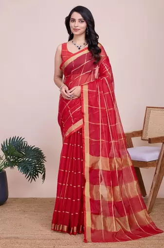 red chanderi printed saree with blouse