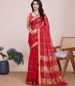 red chanderi printed saree with blouse