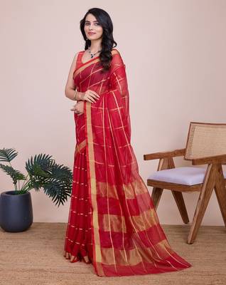 red chanderi printed saree with blouse 2