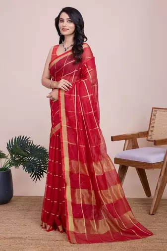red chanderi printed saree with blouse