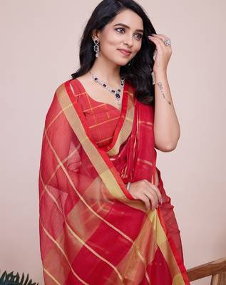 red chanderi printed saree with blouse 3