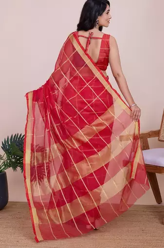 red chanderi printed saree with blouse