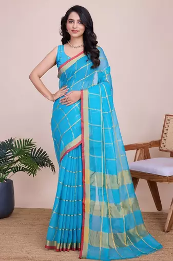 blue chanderi printed saree with blouse