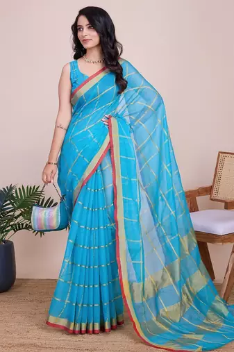 blue chanderi printed saree with blouse