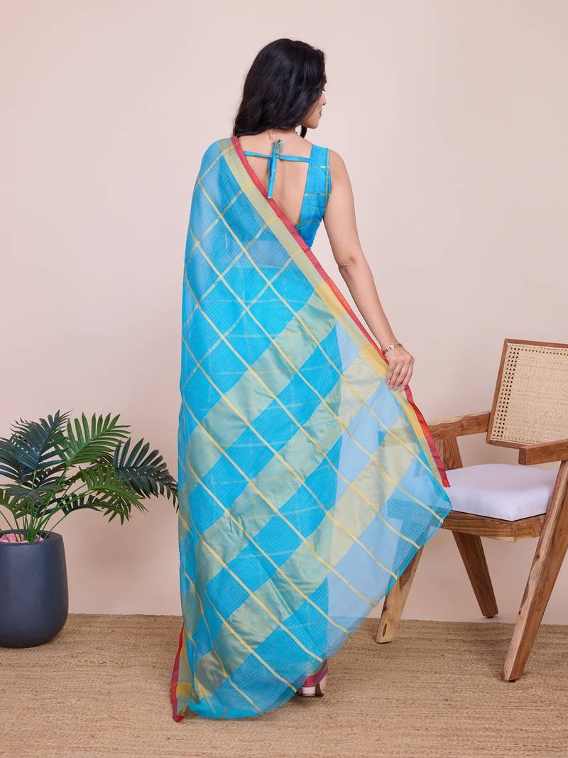 blue chanderi printed saree with blouse