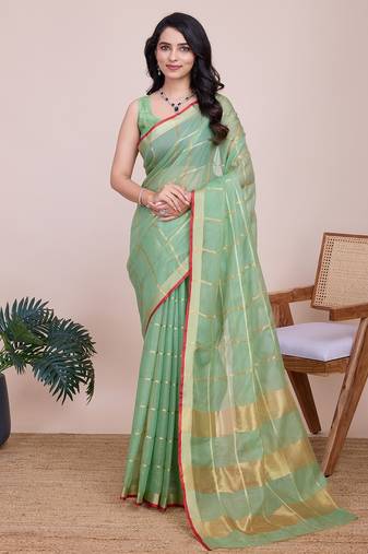 sea green chanderi printed saree with blouse