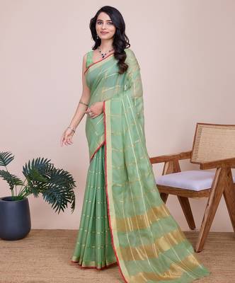 sea green chanderi printed saree with blouse 2