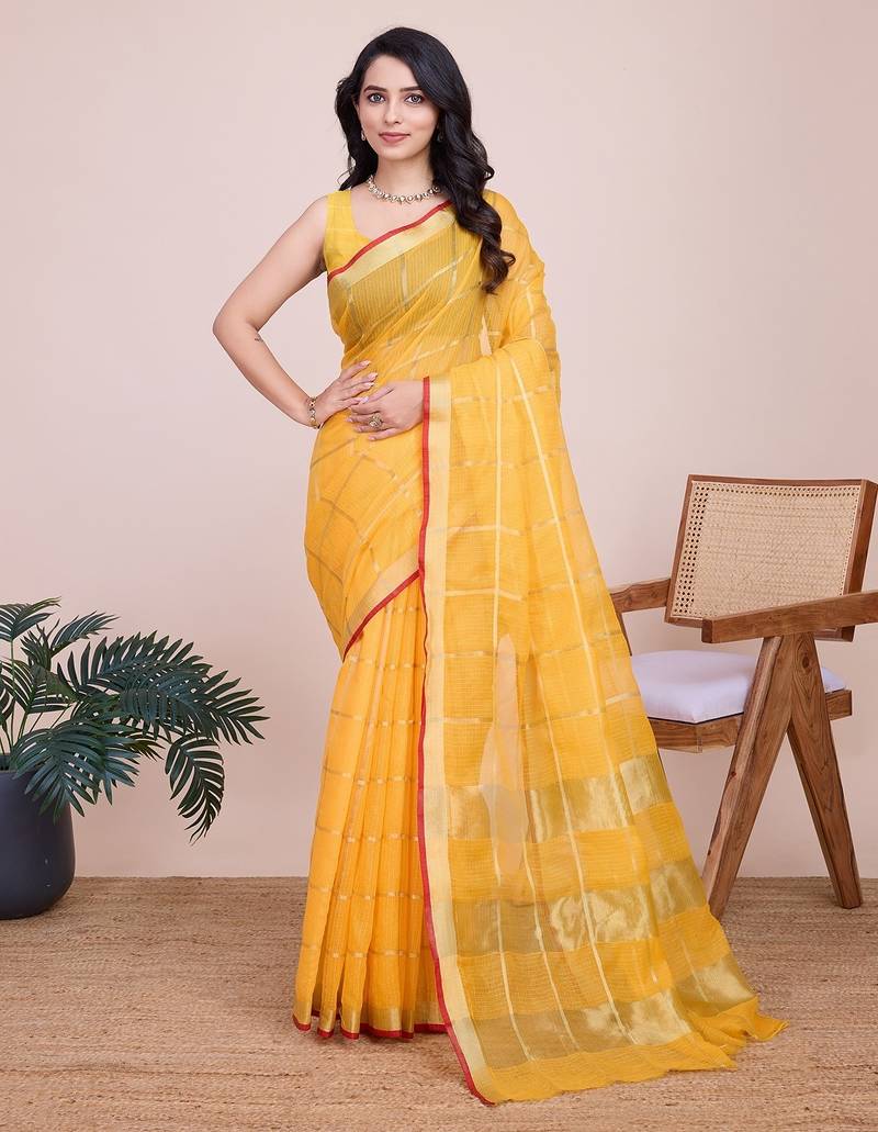 yellow chanderi printed saree with blouse